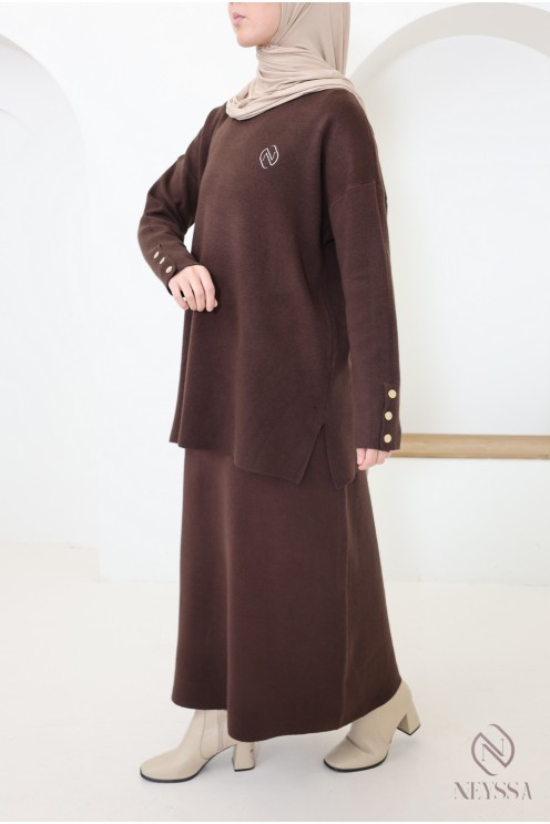 Ensemble jupe marron en maille tissée modeste - Neyssa Création