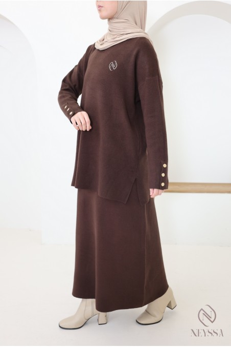 Modest brown woven knit skirt set - Neyssa Creation