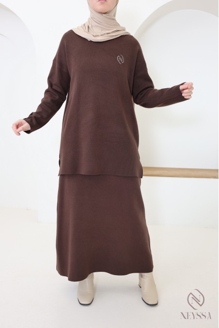 Modest brown woven knit skirt set - Neyssa Creation