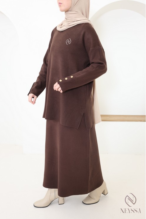 Ensemble jupe marron en maille tissée modeste - Neyssa Création