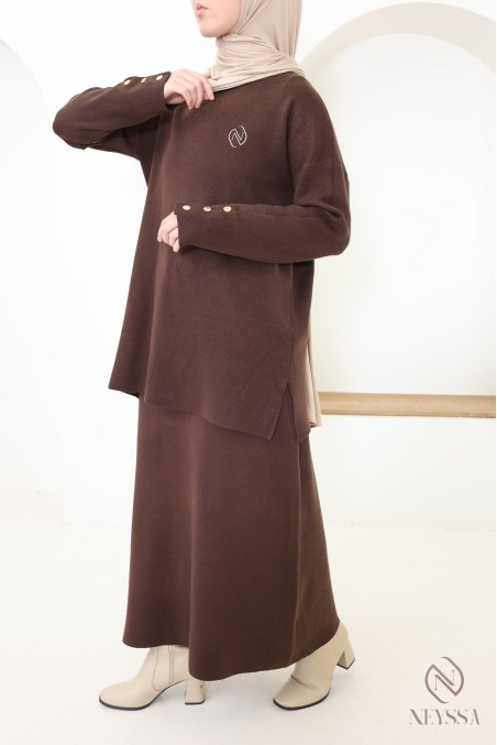 Ensemble jupe marron en maille tissée modeste - Neyssa Création