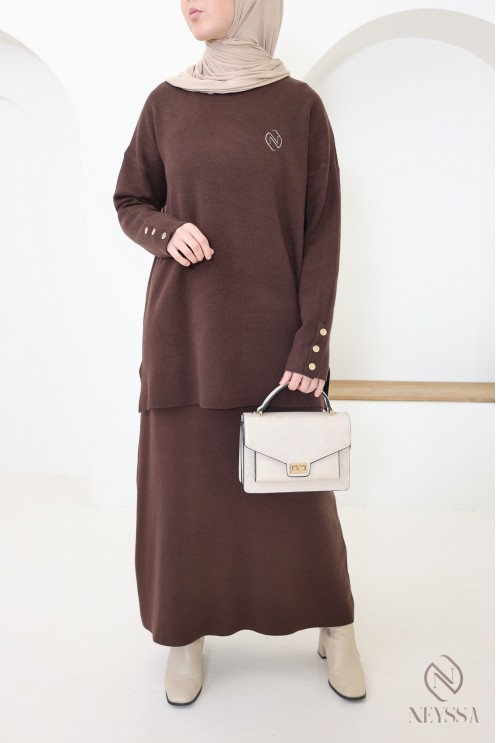Ensemble jupe marron en maille tissée modeste - Neyssa Création