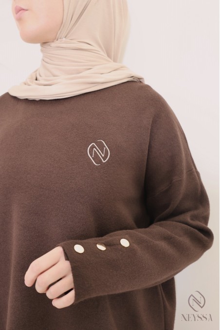 Ensemble jupe marron en maille tissée modeste - Neyssa Création