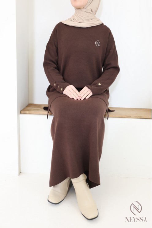 Modest brown woven knit skirt set - Neyssa Creation