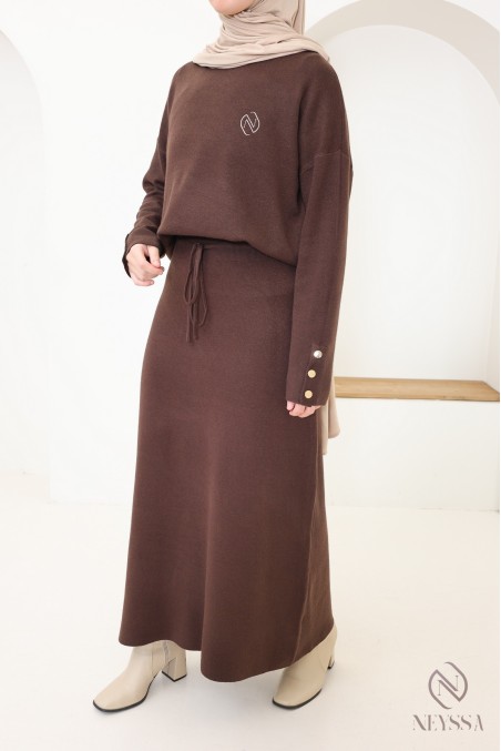 Modest brown woven knit skirt set - Neyssa Creation