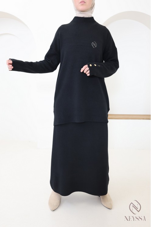 Ensemble noir tunique longue jupe longue maille tissée
