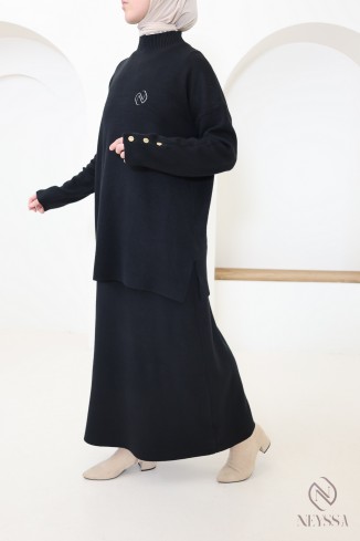Ensemble noir tunique longue jupe longue maille tissée