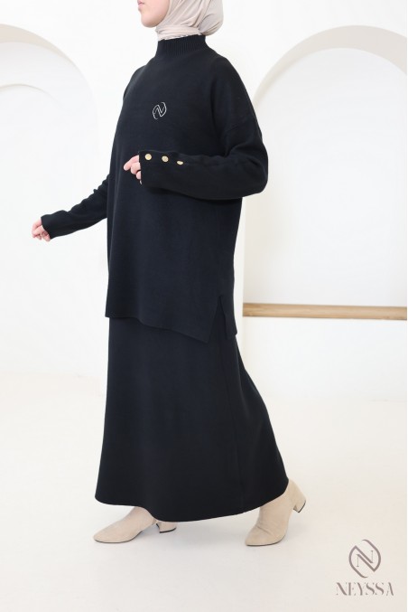 Ensemble noir tunique longue jupe longue maille tissée
