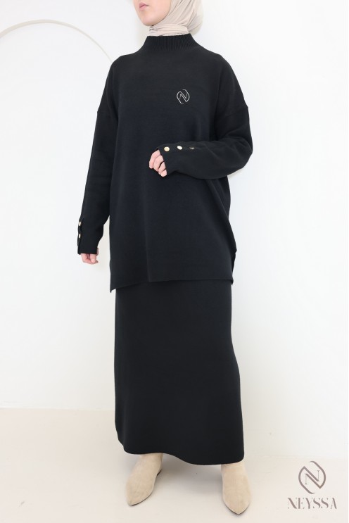 Ensemble noir tunique longue jupe longue maille tissée