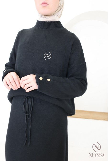 Ensemble noir tunique longue jupe longue maille tissée
