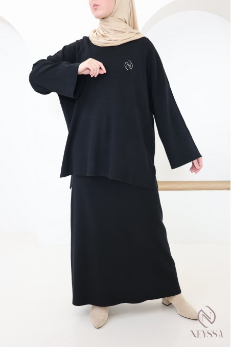 Ensemble noir femme tunique et jupe longue en maille tissée hiver