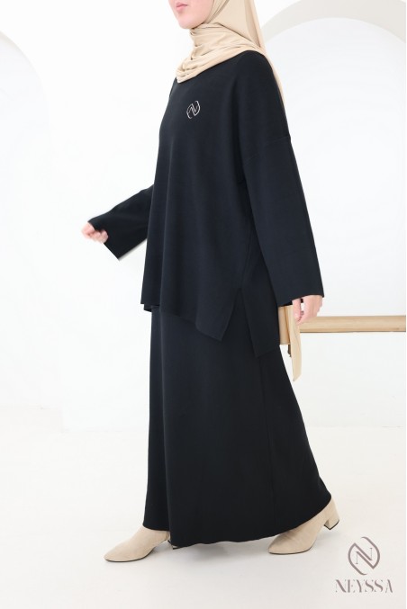 Ensemble noir femme tunique et jupe longue en maille tissée hiver