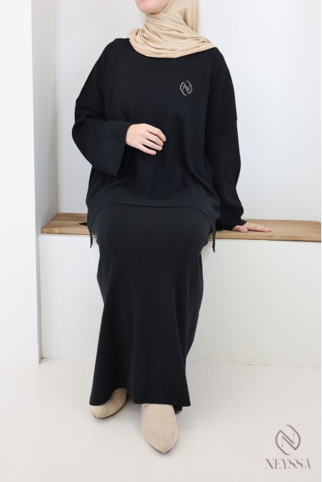 Ensemble noir femme tunique et jupe longue en maille tissée hiver