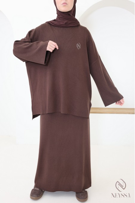 Ensemble tunique jupe en maille tissée marron, Neyssa Confection