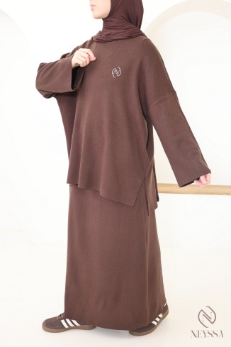 Ensemble tunique jupe en maille tissée marron, Neyssa Confection 2