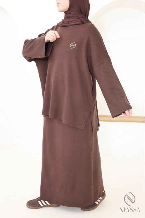 Brown woven knit tunic and skirt set, Neyssa Confection