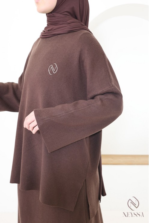 Ensemble tunique jupe en maille tissée marron, Neyssa Confection