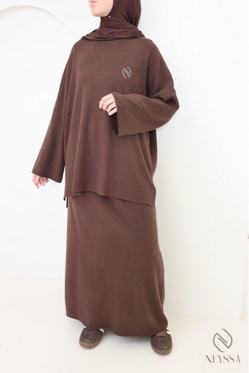 Ensemble tunique jupe en maille tissée marron, Neyssa Confection