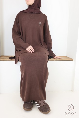 Ensemble tunique jupe en maille tissée marron, Neyssa Confection
