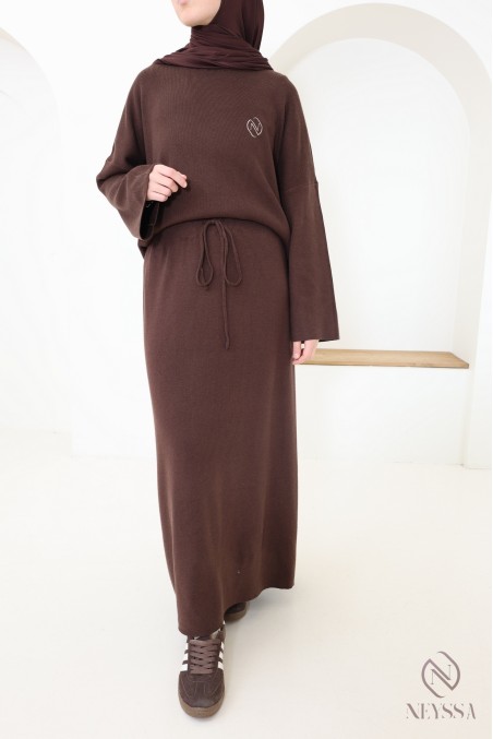 Ensemble tunique jupe en maille tissée marron, Neyssa Confection