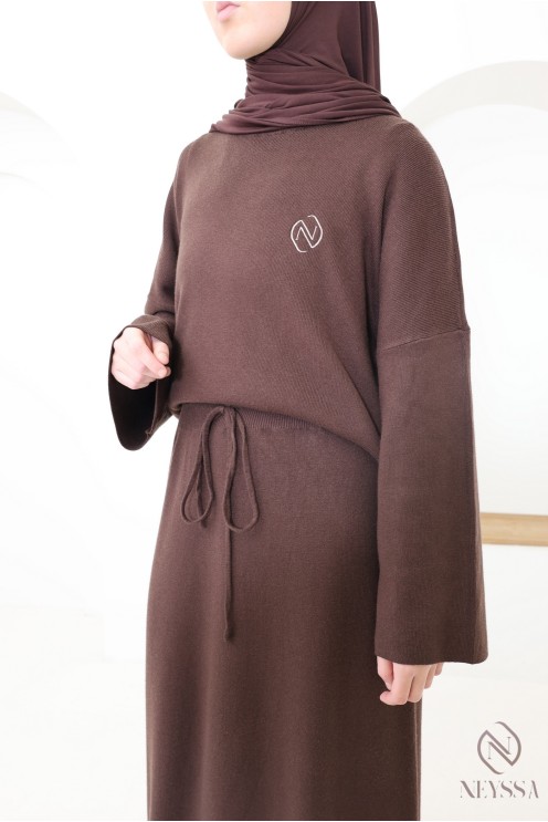 Ensemble tunique jupe en maille tissée marron, Neyssa Confection