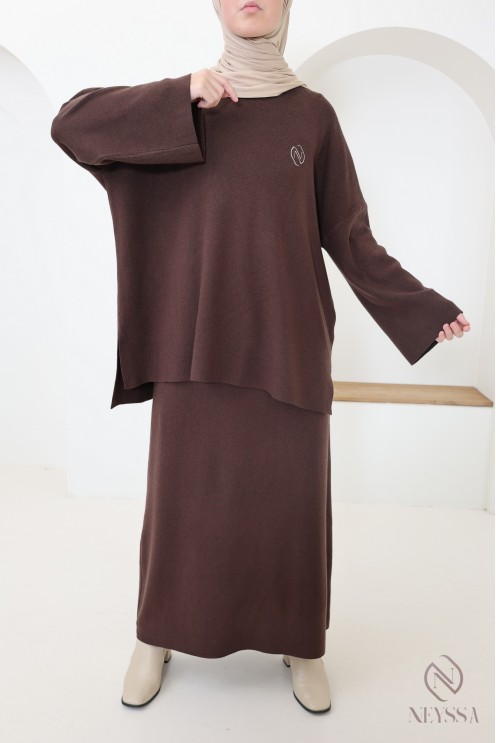 Ensemble tunique jupe en maille tissée marron, Neyssa Confection