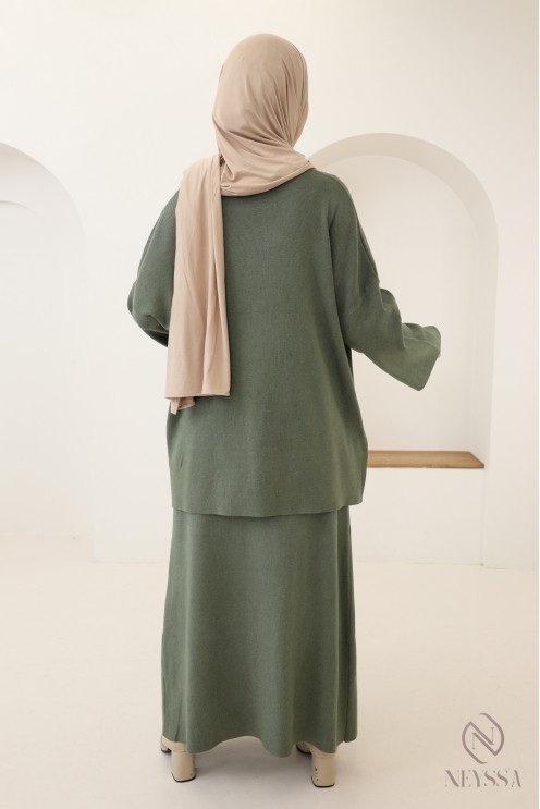 Ensemble kaki jupe longue avec tunique longue maille tissée
