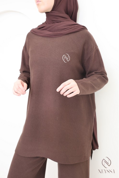 Ensemble femme pull et pantalon en maille tissée douce, coupe modeste