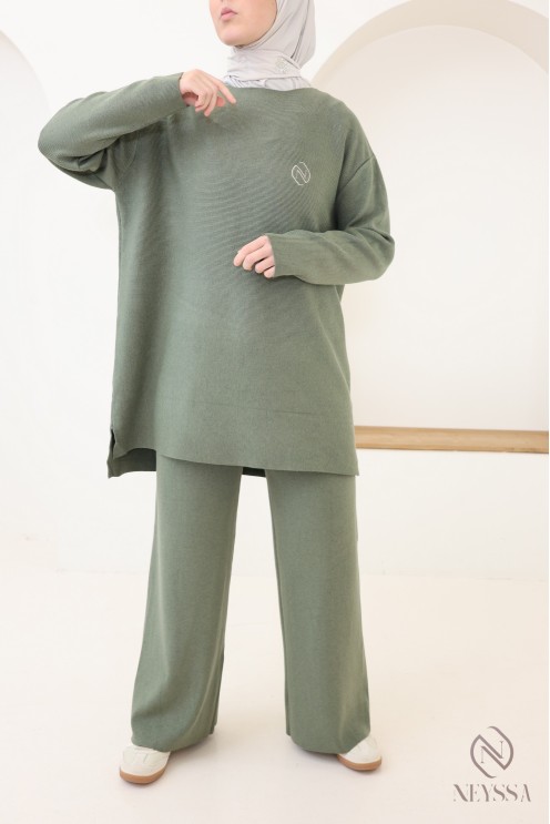 Ensemble femme kaki tunique longue + pantalon en maille tissée