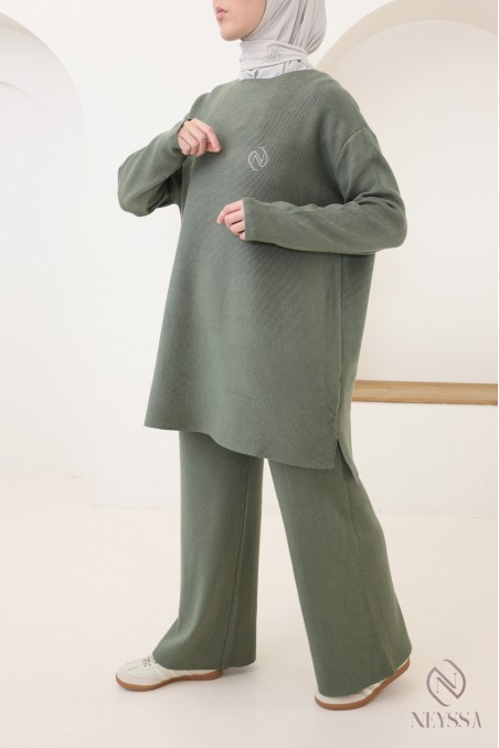 Ensemble femme kaki tunique longue + pantalon en maille tissée