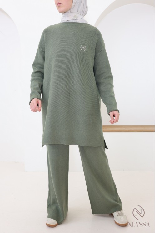 Ensemble femme kaki tunique longue + pantalon en maille tissée