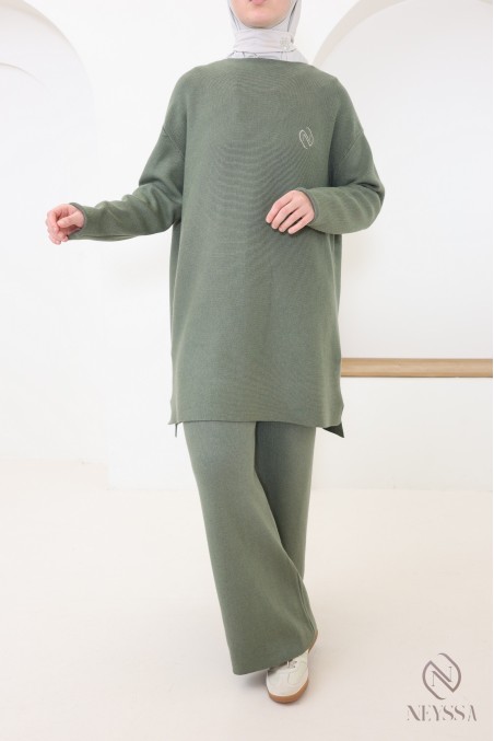 Ensemble femme kaki tunique longue + pantalon en maille tissée