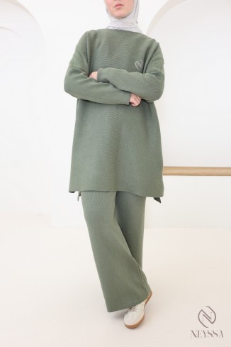 Ensemble femme kaki tunique longue + pantalon en maille tissée