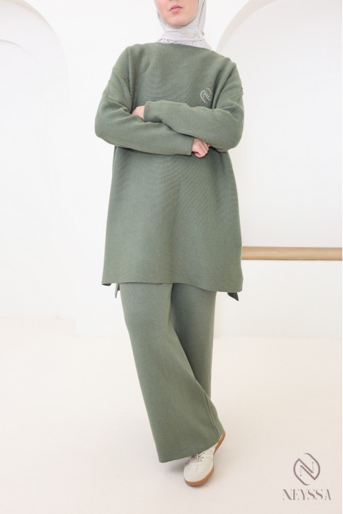 Ensemble femme kaki tunique longue + pantalon en maille tissée