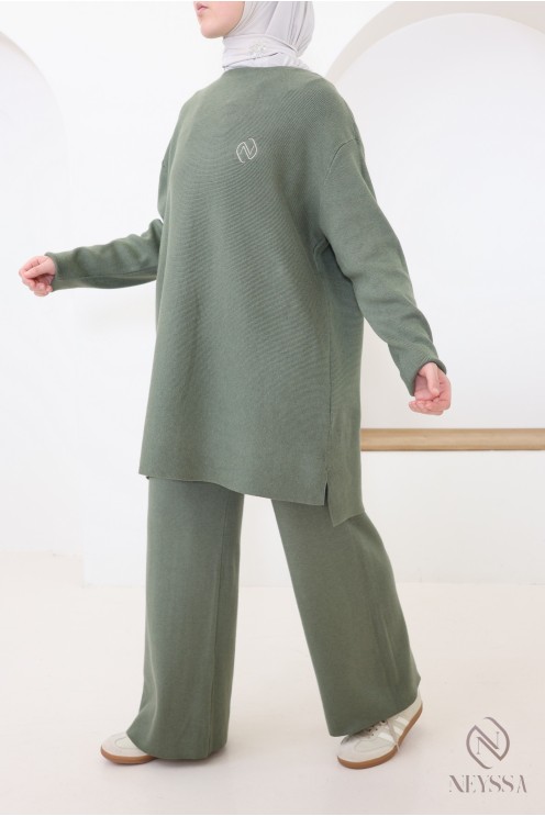 Ensemble femme kaki tunique longue + pantalon en maille tissée