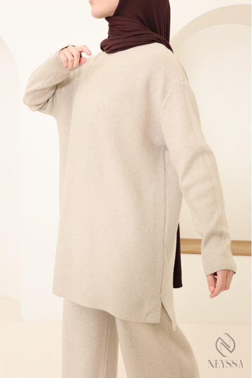 Ensemble femme pull et pantalon en maille tissée douce, coupe modeste