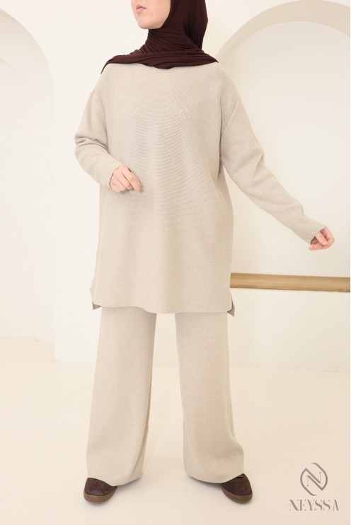 Ensemble femme pull et pantalon en maille tissée douce, coupe modeste