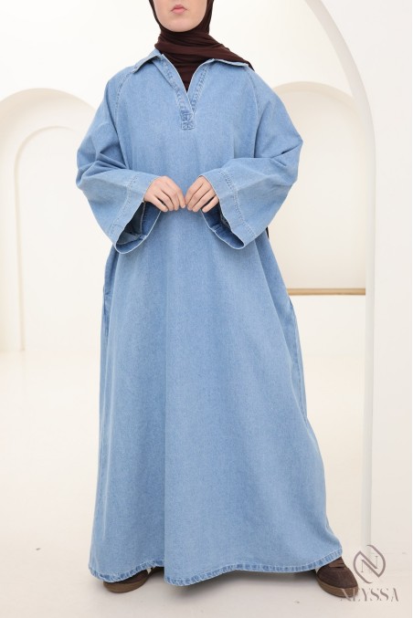 Robe longue en jean col chemise, 100% coton, look automne modeste
