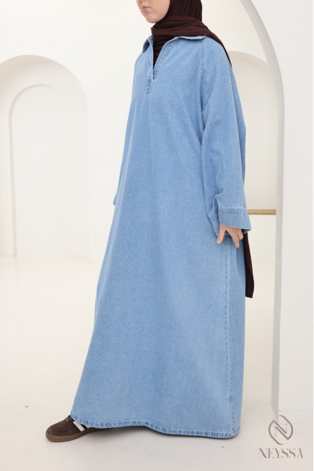 Robe longue en jean col chemise, 100% coton, look automne modeste