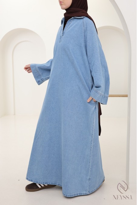 Robe longue en jean col chemise, 100% coton, look automne modeste