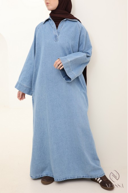 Long denim dress with shirt collar, 100% cotton, modest autumn look.