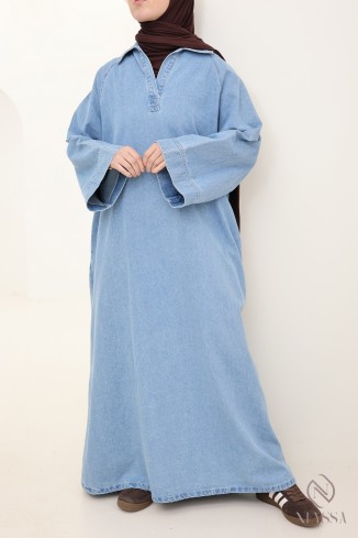 Long denim dress with shirt collar, 100% cotton, modest autumn look.