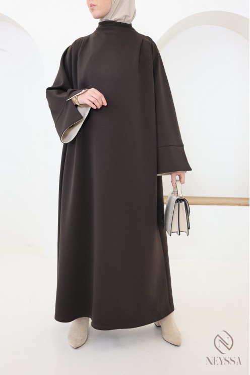 Long-sleeved dress with woven knit cuffs and high neck