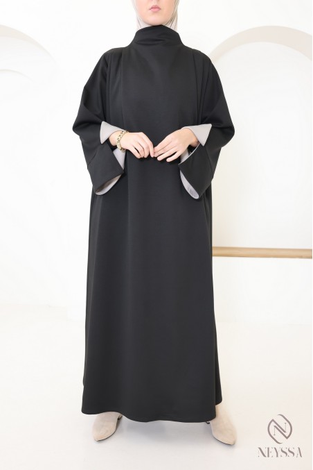 Robe longue manches revers en maille tissée, avec col montant