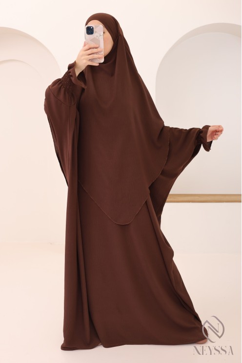 Ensemble abaya et khimar 2 voiles assorti en Jazz, tenue légiférée pour la femme musulmane