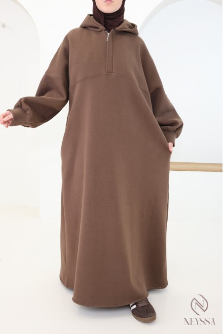 Women's long hoodie dress with oversized zip-up collar for hijabis