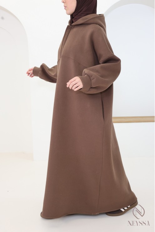 Women's long hoodie dress with oversized zip-up collar for hijabis