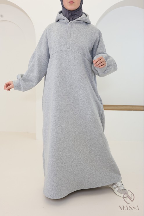 Robe longue style sweat col zippé à capuche oversize femme hijabi
