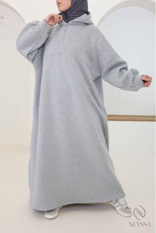 Women's long hoodie dress with oversized zip-up collar for hijabis