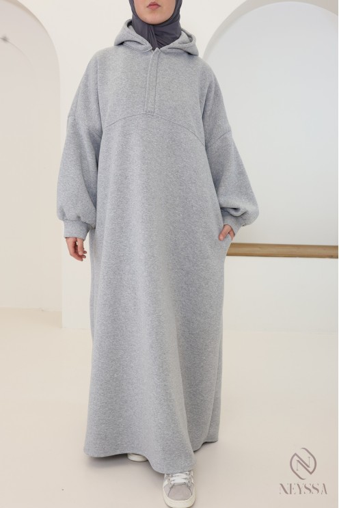 Women's long hoodie dress with oversized zip-up collar for hijabis
